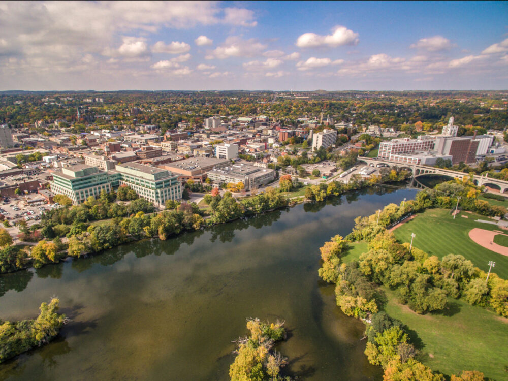 Aerial view of downtown Peterborough and Little Lake.